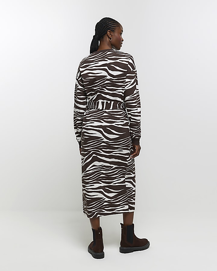 Brown zebra print sweatshirt midi dress