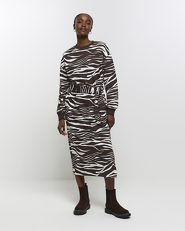 Brown zebra print sweatshirt midi dress