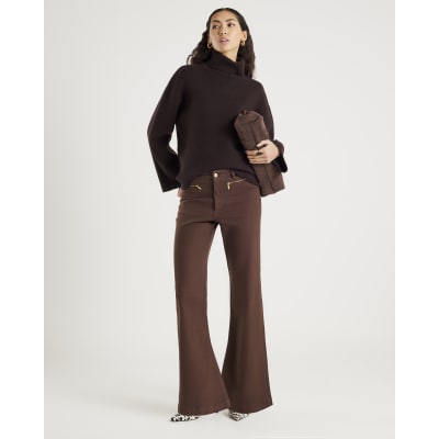 Brown Zip Front Relaxed Flared Jeans