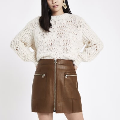 Brown zip pocket biker mini skirt