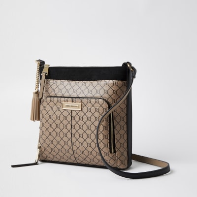 Brown zip RI monogram print messenger bag | River Island