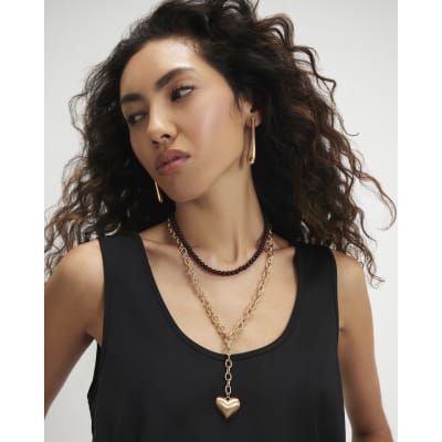 Burgundy Bead And Heart Multirow Necklace