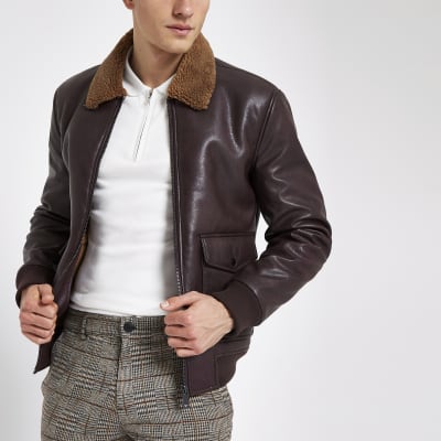 Burgundy faux leather borg collar jacket