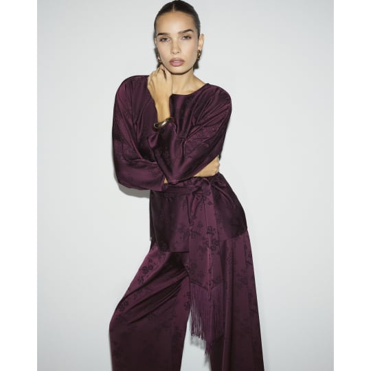 River Island Burgundy Floral Print Obi Belt Batwing Top