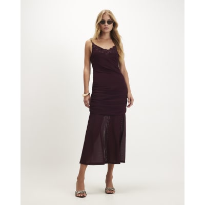 lauriell burgundy wrap front crepe midi dress Lace Trim Drape Red dress