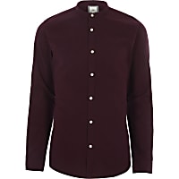 Burgundy long sleeve slim fit grandad shirt