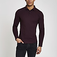 Burgundy muscle fit long sleeve polo shirt
