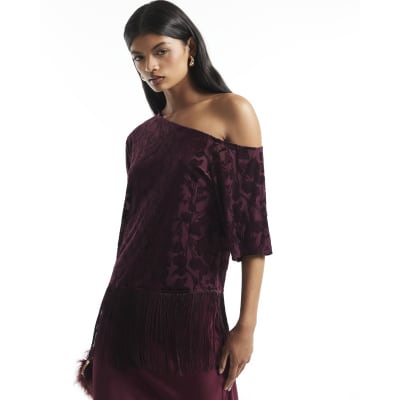 One Shoulder Devore Fringe Top