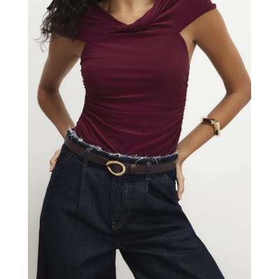 Burgundy Oval Buckle Slim Belt