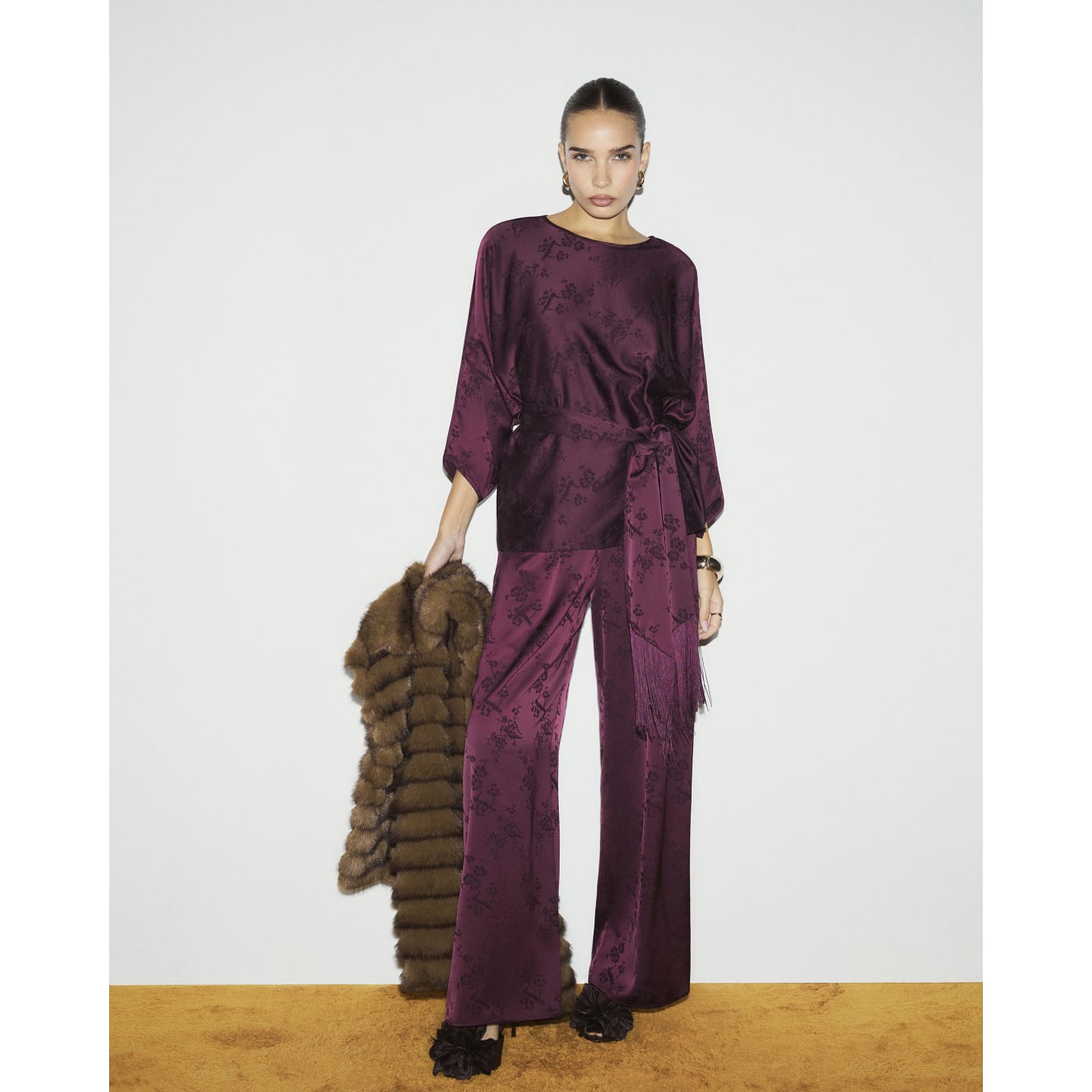 River Island Burgundy Satin Jacquard Wide Leg Trousers — photo 1 of 1