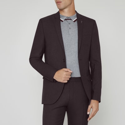 Burgundy skinny fit wool blend suit jacket