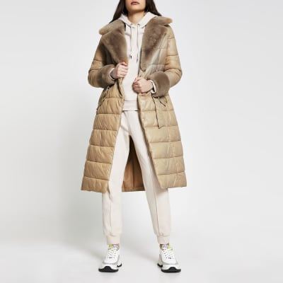 Camel belted fur cuff padded longline jacket | River Island