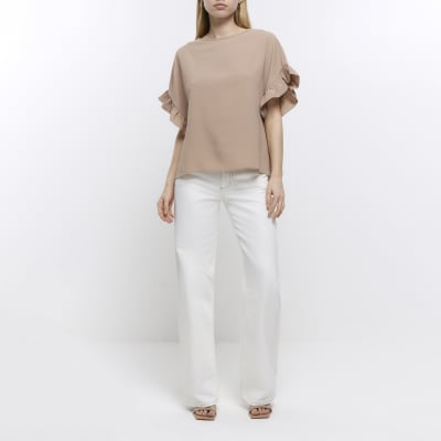 Camel frill sleeve t-shirt
