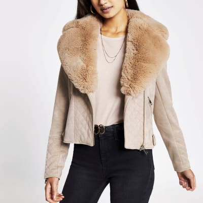 Camel Quilted Faux Fur Suede Biker Jacket River Island