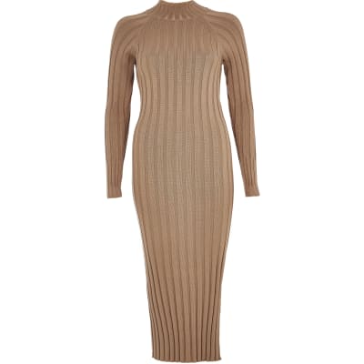 ribbed high neck bodycon dress