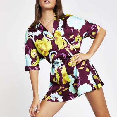 Caroline Flack purple floral print shirt