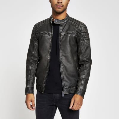Charcoal grey faux leather quilted jacket River Island