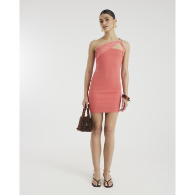 Coral Asymmetric Chain Trim Mini Dress