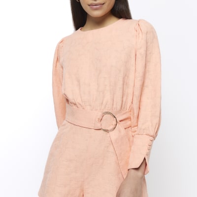 Coral belted long sleeve playsuit