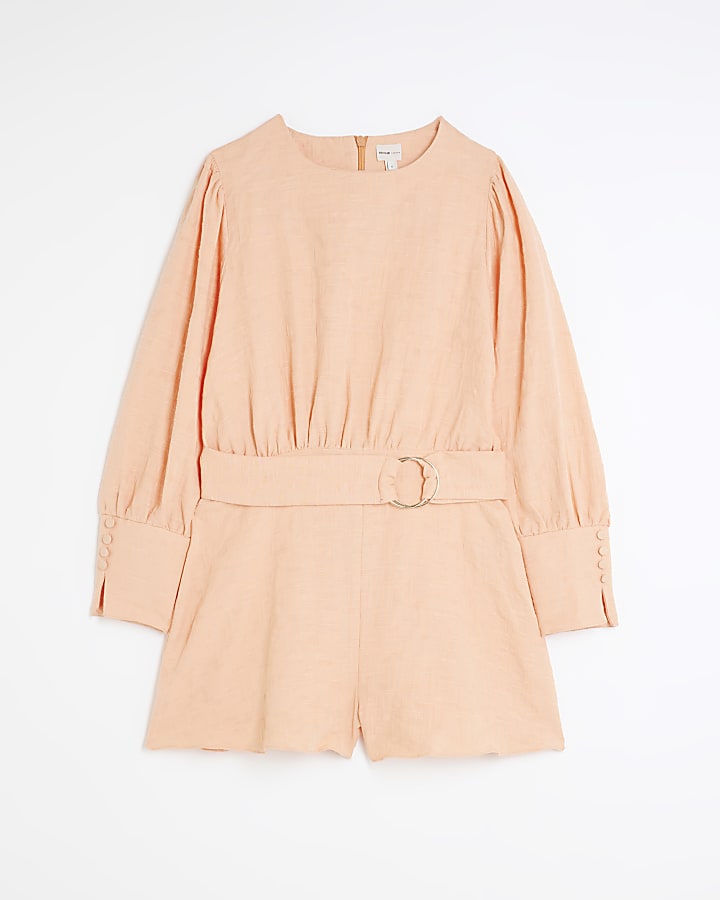 Coral belted long sleeve playsuit