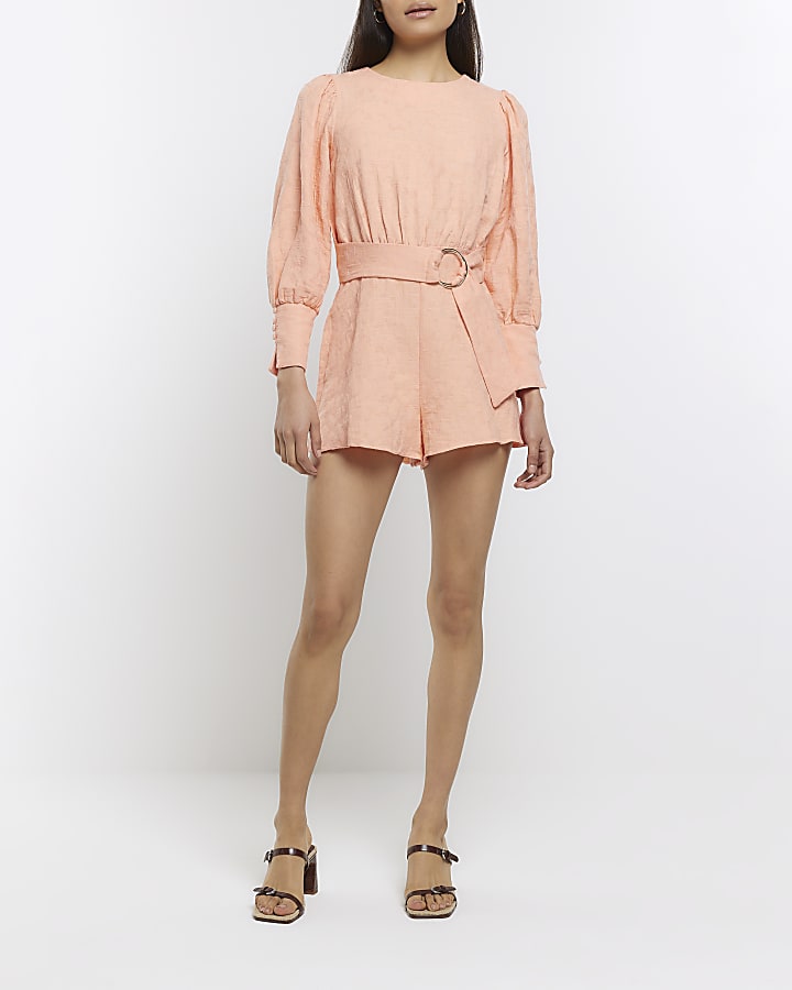 Coral belted long sleeve playsuit