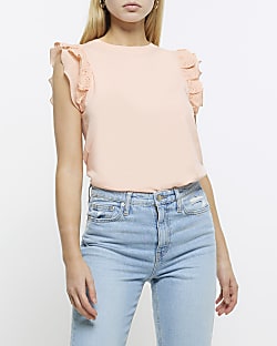 Coral broderie frill sleeve tank top