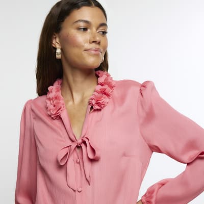 Coral chiffon corsage blouse | River Island