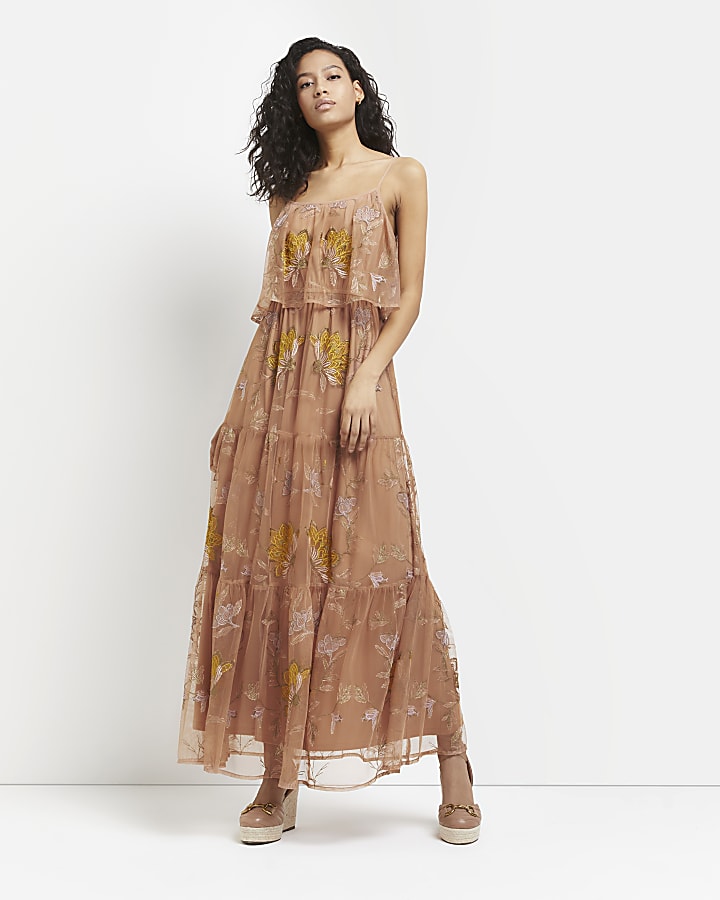 Coral embroidered floral maxi dress