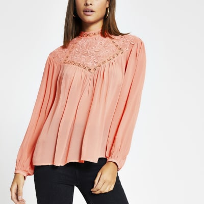 Coral embroidered high neck blouse