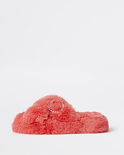 Coral faux fur slippers