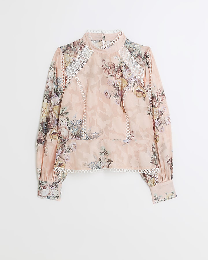 Coral floral broderie detail blouse