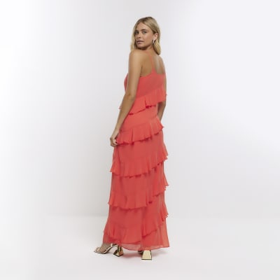 Coral Frill Sleeveless Maxi Dress River Island