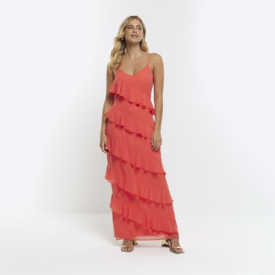 Coral frill sleeveless maxi dress | River Island