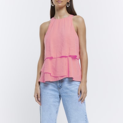Coral high neck layered top River Island