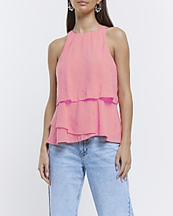 Coral high neck layered top