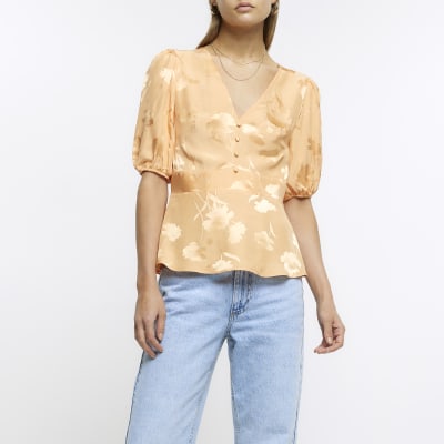 Coral jacquard floral puff sleeve blouse