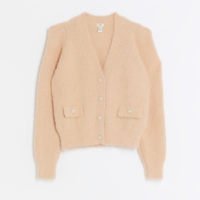 Coral knitted shoulder pad cardigan | River Island