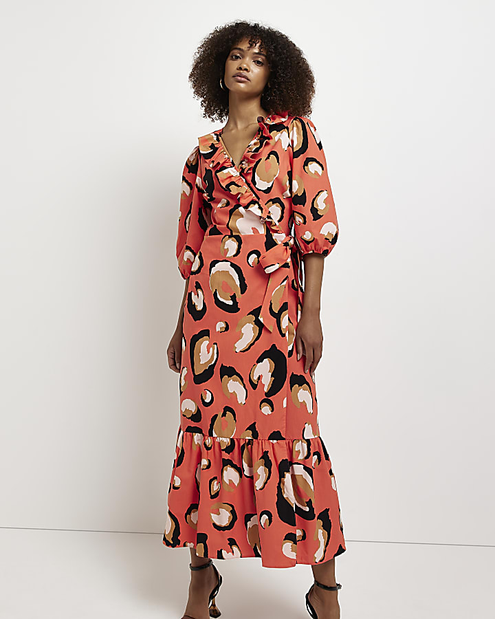 Coral leopard print wrap maxi dress