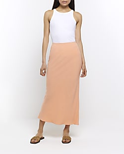 Coral linen blend maxi skirt
