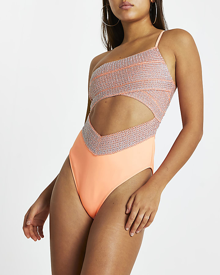 Coral one shouldered wrap swimsuit