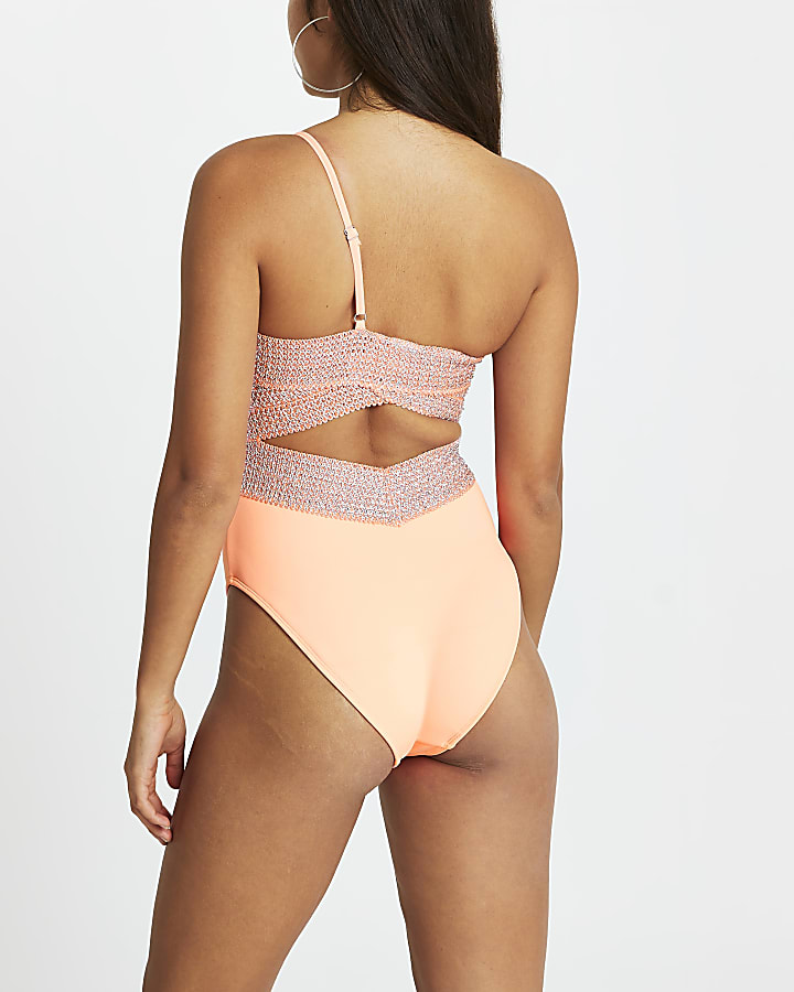 Coral one shouldered wrap swimsuit