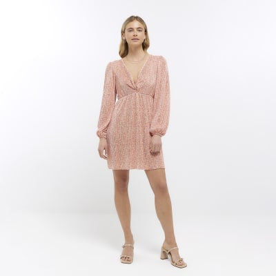 Coral plisse front twist shift mini dress
