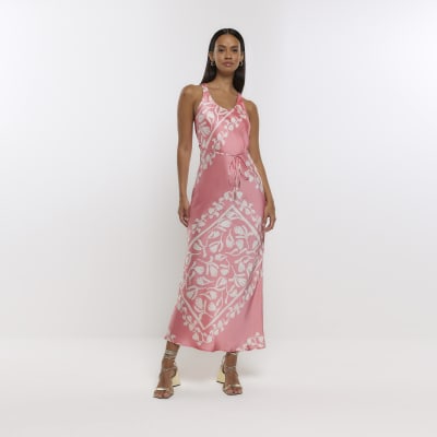 Coral print slip midi dress River Island