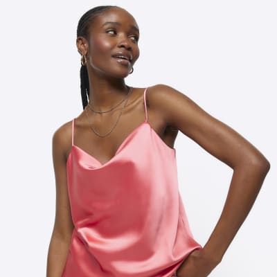 Coral satin cowl neck cami top