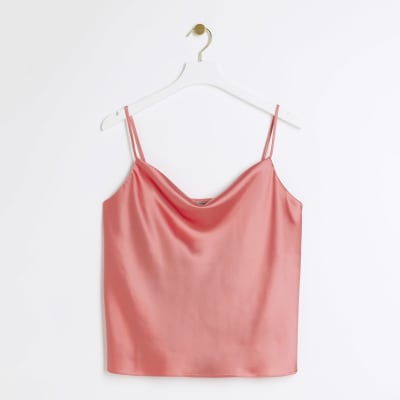 Coral satin cowl neck cami top | River Island