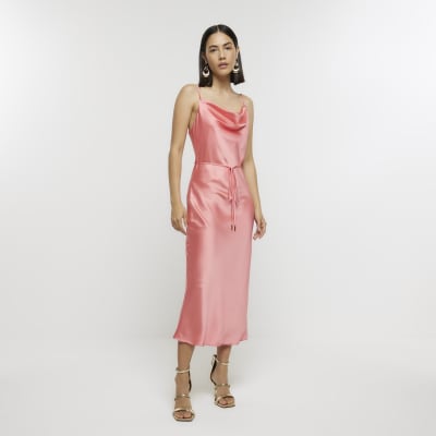 Coral Satin Cowl Neck Slip Midi Dress River Island 6740