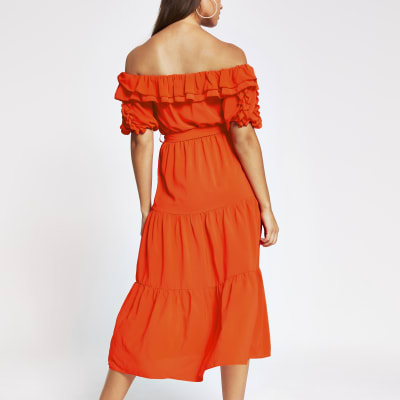 coral bardot dress