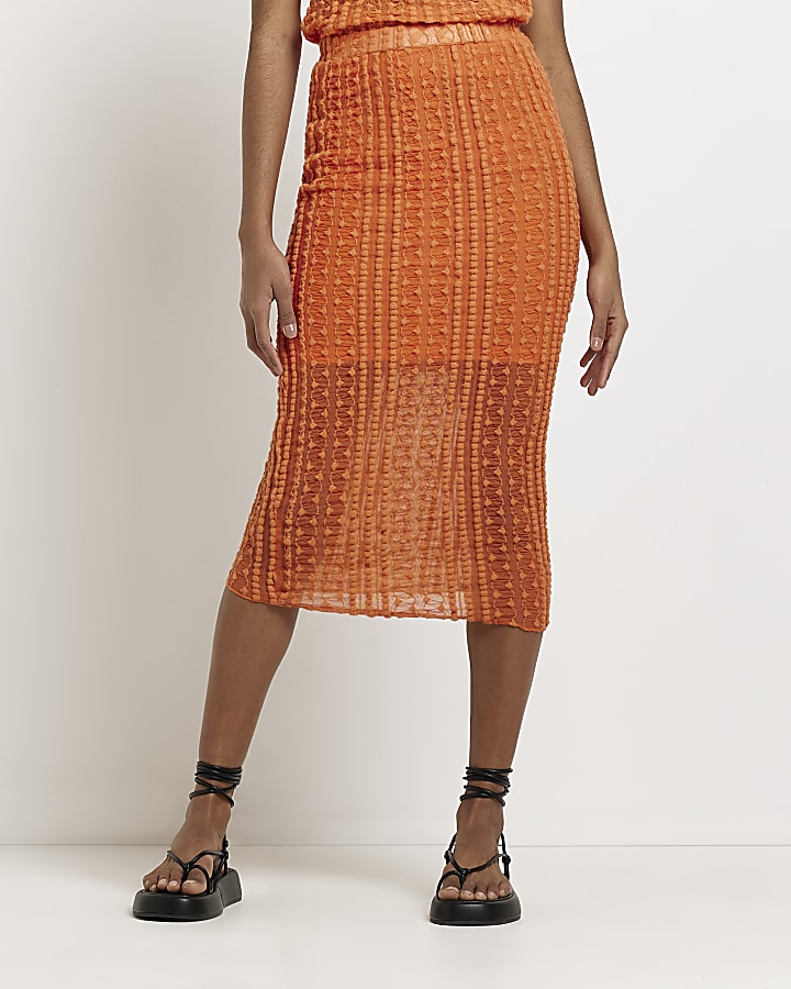 Coral textured lace midi skirt