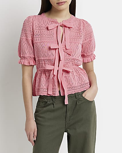 Coral tie front knit top