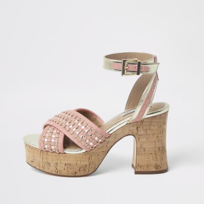 Coral woven block heel sandal